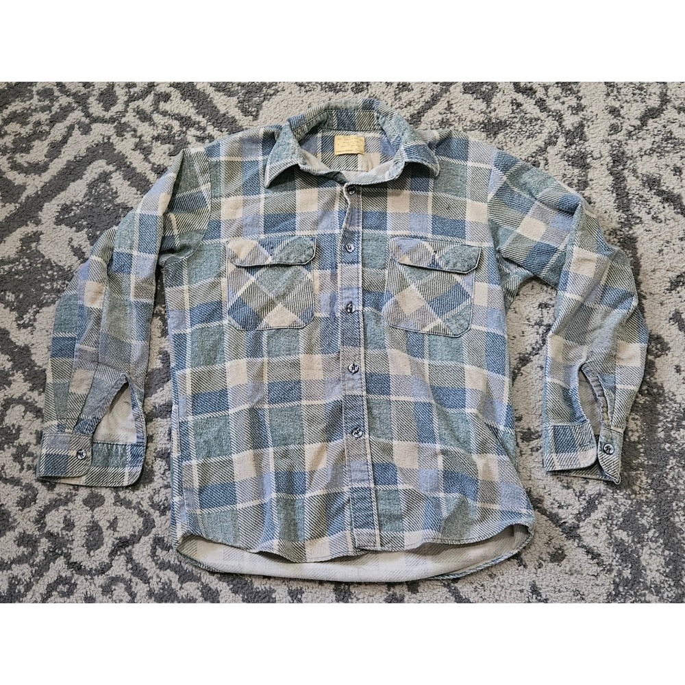 Vintage 70s Sears Perma-Prest Blue Plaid Flannel Shirt Mens Medium Workwear